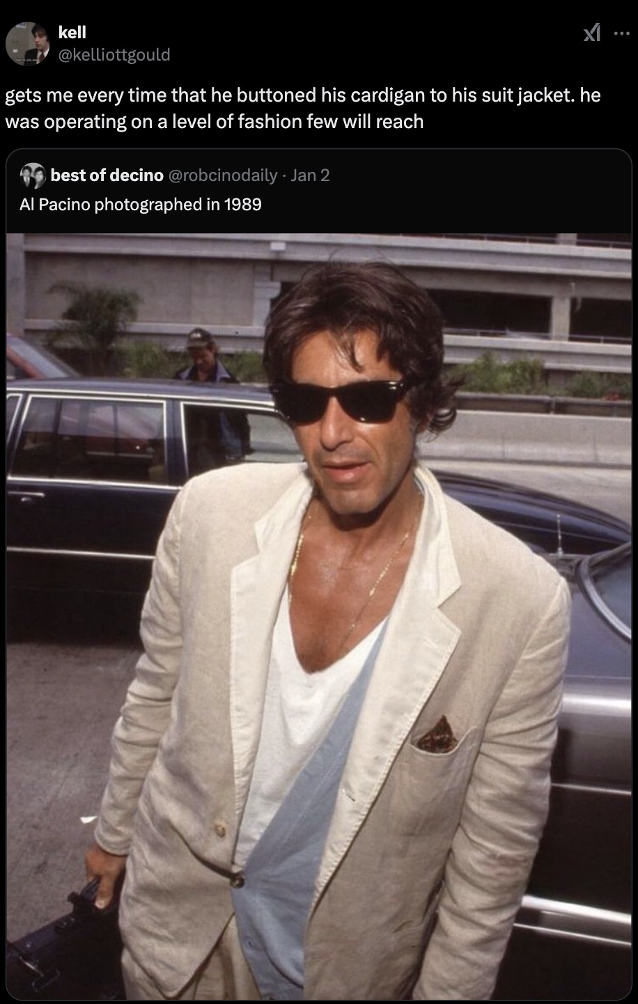 al pacino 90s - kell gets me every time that he buttoned his cardigan to his suit jacket. he was operating on a level of fashion few will reach best of decino . Jan 2 Al Pacino photographed in 1989